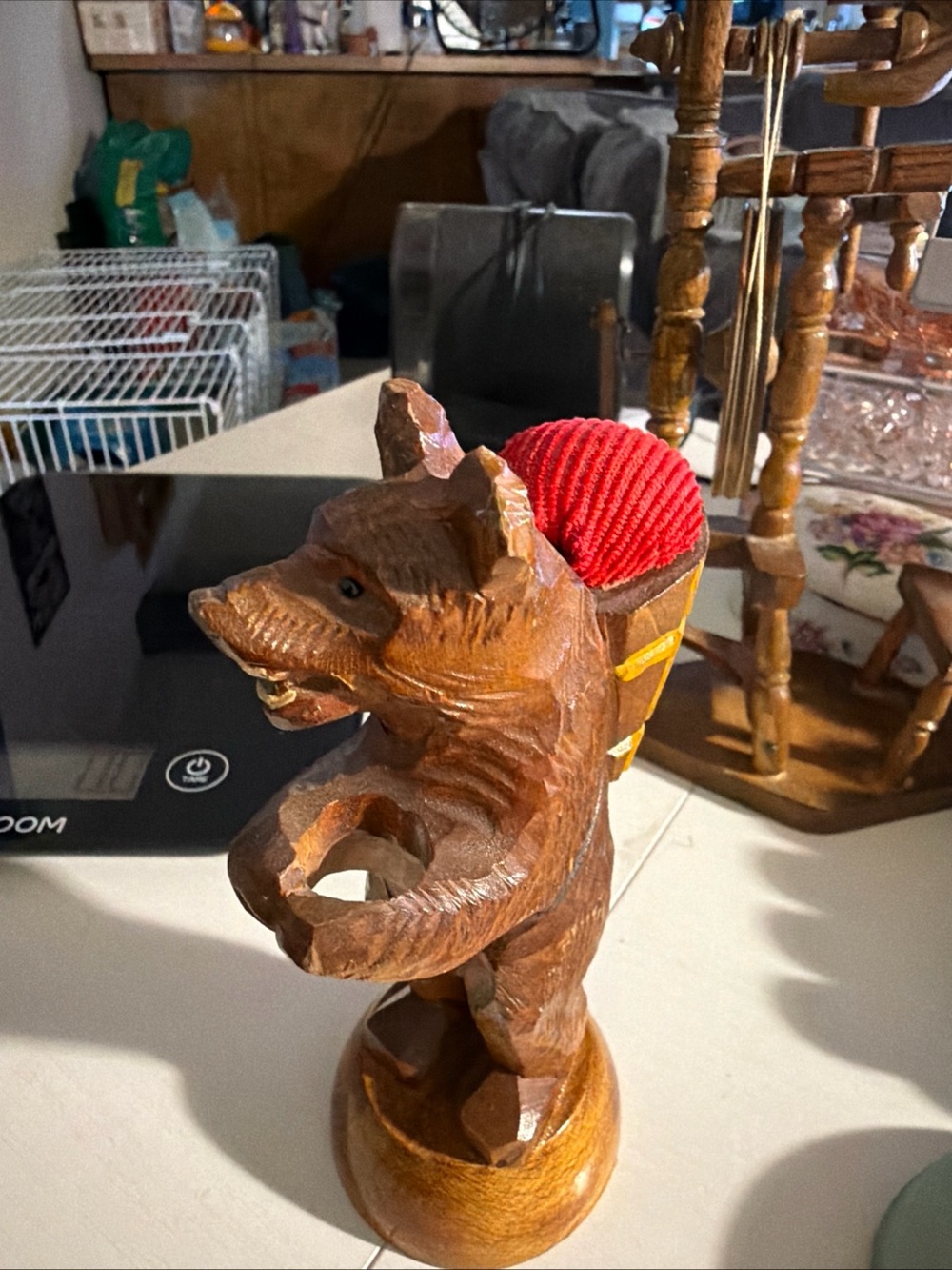 Hand-Carved Wooden Bear Pin Cushion - Red